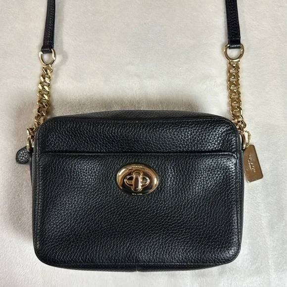 Coach Turn Lock Black Pebbled Leather Crossbody Shoulder Camera Bag - Picture 4 of 17